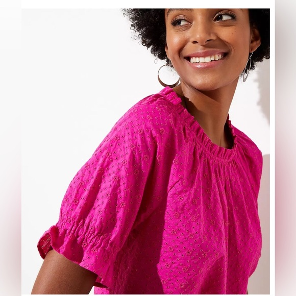 Loft Fuchsia Pink Eyelet Ruffle Top size L - Picture 10 of 11